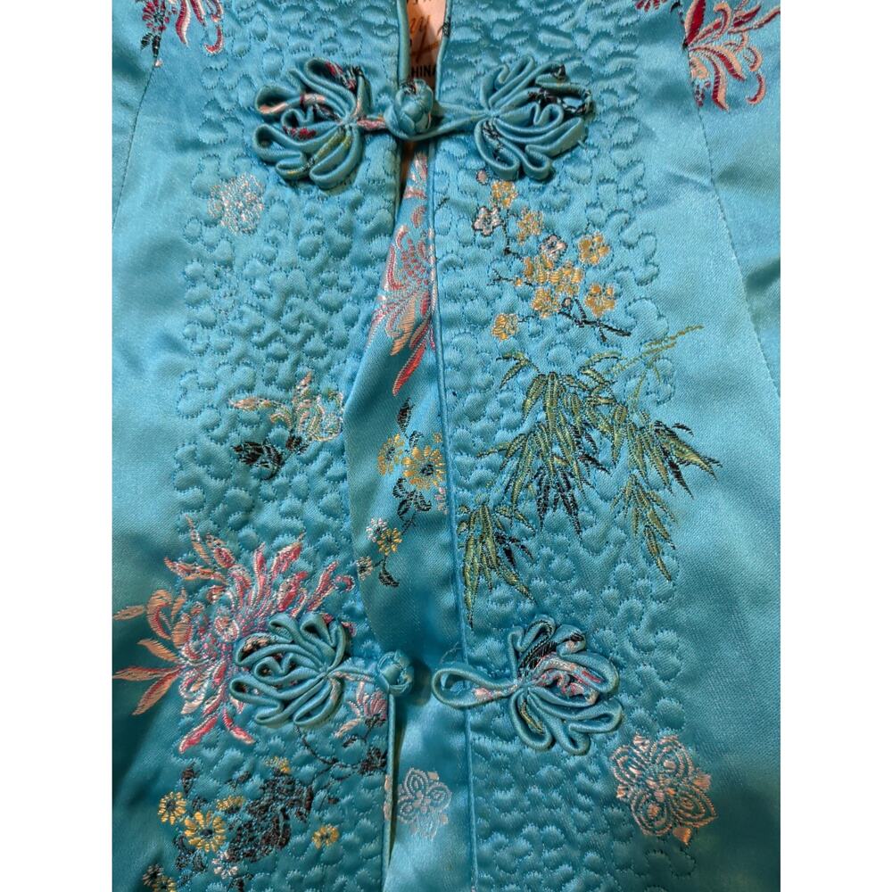 Peony Brand Turquoise Quilted Chinese Jacket Frog Closures Floral Brocade Sz M - Picture 3 of 14